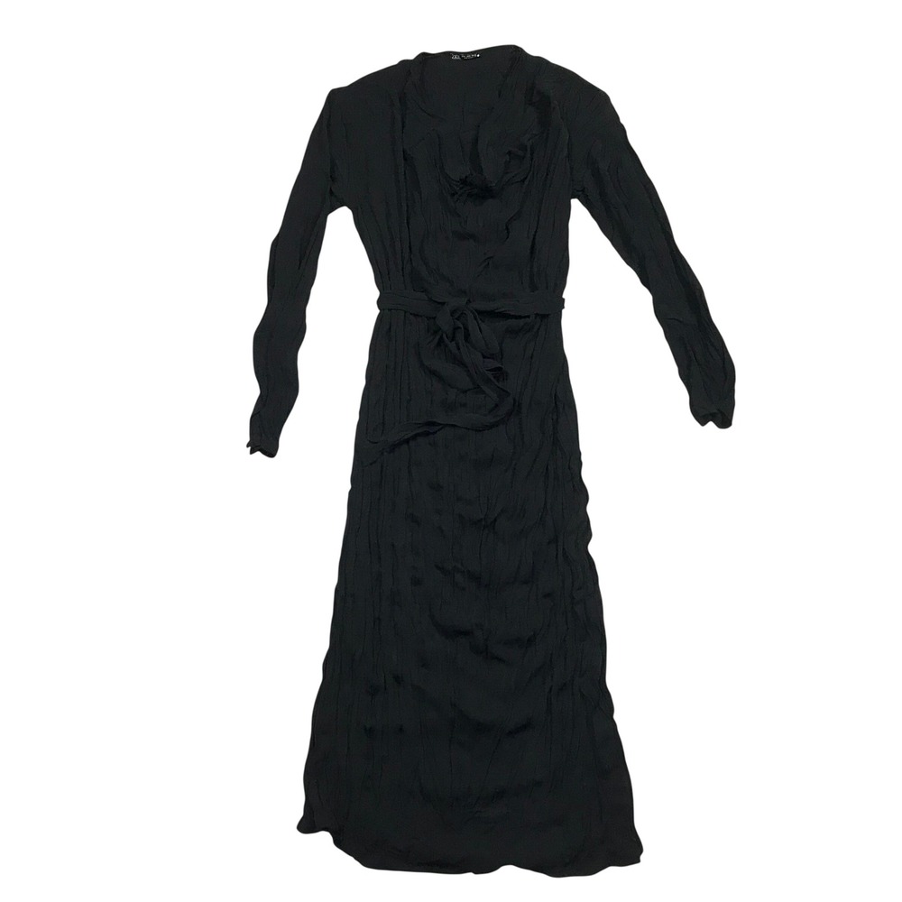 Zara Black Crinkle Textured Tie Waist Long‎ Sleeve Midi Wrap Dress Small
